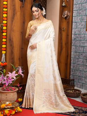 KARAGIRI Floral Print Kanjivaram Silk Blend Saree(White)