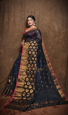CommonHouseee Printed Handloom Cotton Blend Saree(Dark Blue)