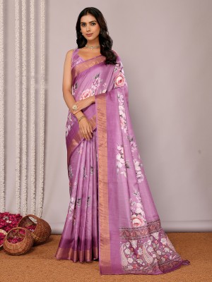 Janasya Printed, Floral Print Chanderi Silk Blend Saree(Purple)