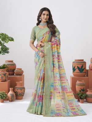 Laxmipati sarees Printed Saree with Attached Blouse Silk Blend Saree(Green)