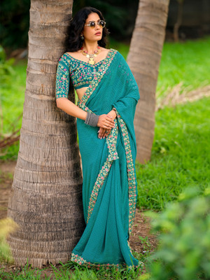 ANOUK Embroidered Leheria Georgette Saree(Light Blue)