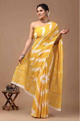 SAMAYARA HANDICRAFT Floral Print Bollywood Cotton Blend, Pure Cotton Saree(Yellow)