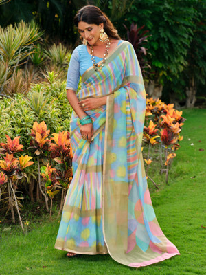 Anouk Rustic Printed Tant Cotton Blend Saree(Multicolor)