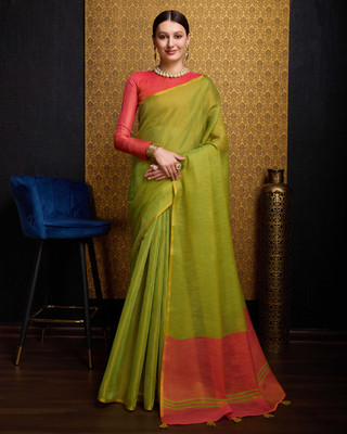 SWORNOF Solid/Plain Bollywood Linen Saree(Light Green)