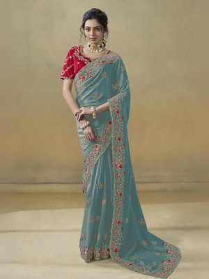 odette Embroidered Saree with Attached Blouse Georgette Saree(Light Blue)