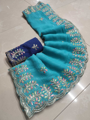 Sareez House Solid/Plain Bollywood Chiffon Saree(Light Blue)