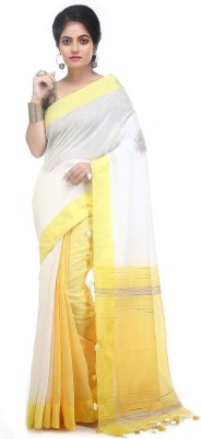 Ankita saree house Striped Handloom Cotton Silk Saree(White)