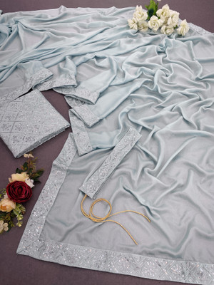 Pionex Solid/Plain, Embroidered Bollywood Chiffon, Silk Blend Saree(Light Blue)