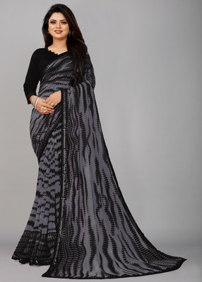 FIERTE Self Design, Printed, Applique, Digital Print Bollywood Georgette, Chiffon Saree(Grey)