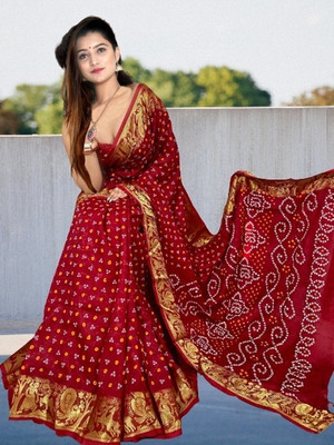 Dharmata Enterprise Printed Bandhani Art Silk Saree(Red)