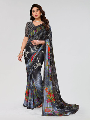 Moda Rapido Embellished, Printed, Self Design Bollywood Georgette Saree(Blue)