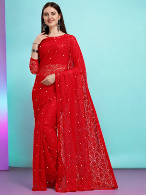 NexxaFashion Self Design Bollywood Net Saree(Red)