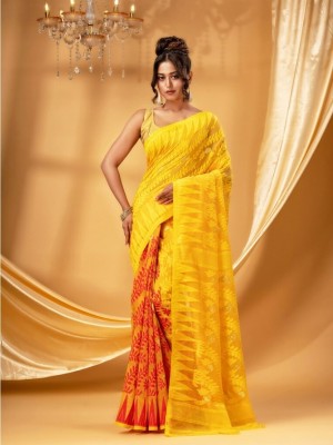 Krishneshwari Self Design, Woven Jamdani Pure Cotton Saree(Yellow, Red)