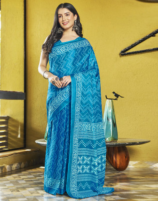 Samah Geometric Print, Printed Ikkat Pure Cotton Saree(Blue, White)