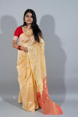 SnehaFashion Creation Striped Banarasi Silk Blend Saree(Cream, Red)