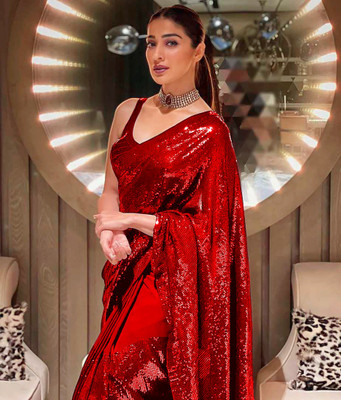 MADHUR HAND WORK ART Embroidered, Embellished Bollywood Georgette Saree(Red)