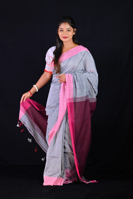 Ahana Textile Solid/Plain Handloom Cotton Silk Saree(Grey)