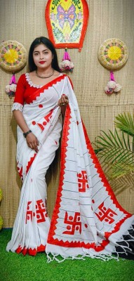 HouseOfCommon Applique Handloom Cotton Blend Saree(White)