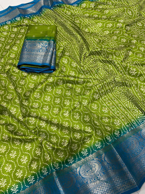hitesh pahuja Printed Kanjivaram Cotton Silk Saree(Green, Blue)