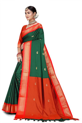 NST5 Woven Paithani Cotton Silk Saree(Dark Green, Red)