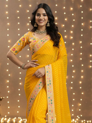 all about you Printed Bandhani Georgette Saree(Yellow)