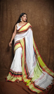 JHIILU Woven Handloom Cotton Blend Saree(White)