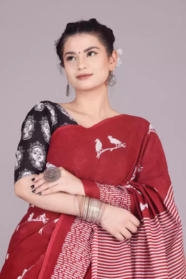Jaipuri Print Printed, Blocked Printed, Color Block, Dyed, Floral Print Daily Wear Pure Cotton Saree(Red)
