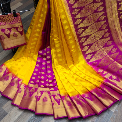 Radhe designer Dyed Banarasi Nylon Saree(Yellow, Pink)