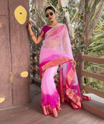 KOTHARI KS Solid/Plain Bandhani Organza Saree(Pink)