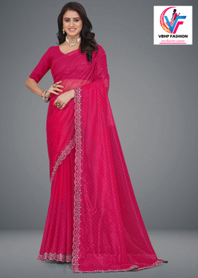 VBHP FASHION Embellished, Self Design Bollywood Net Saree(Gold, Pink)