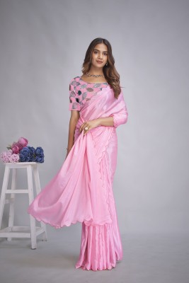 LADY SHOPI Solid/Plain Bollywood Chiffon Saree(Pink, Multicolor)