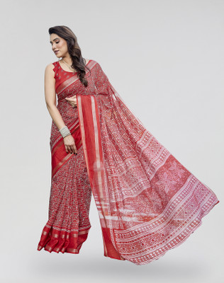 ANIRAV Printed Banarasi Silk Blend Saree(Red)