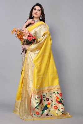 GK Textiles Woven Paithani Silk Blend Saree(Yellow)