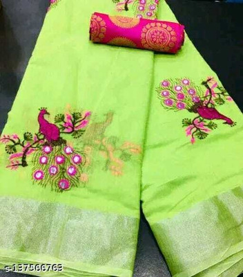 MITRACREATION Self Design Chanderi Cotton Silk Saree(Dark Green)