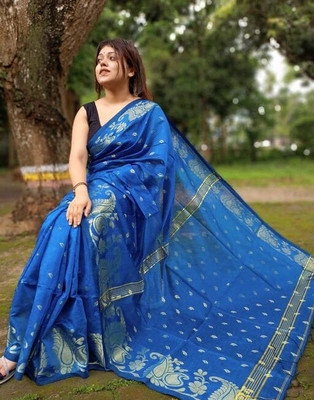 SMRITI HANDLOOM Woven Handloom Cotton Silk Saree(Blue)