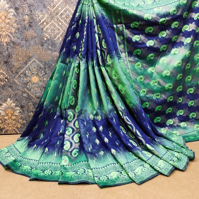 Niwaa Printed, Self Design, Embellished, Woven, Animal Print, Blocked Printed Jamdani Cotton Blend, Jacquard Saree(Dark Blue)