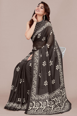 MIRCHI FASHION Printed, Blocked Printed Hand Batik Chiffon, Georgette Saree(Brown, White)