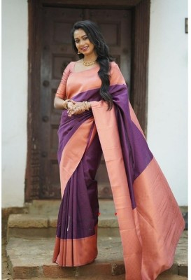 KRIYANSH Woven, Printed, Applique, Embellished Kanjivaram Jacquard, Art Silk Saree(Purple)