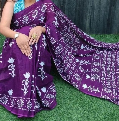 LOVWEAR Printed, Color Block, Blocked Printed, Hand Painted Ikkat Pure Cotton Saree(Purple)