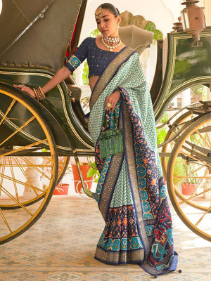 ANOUK Embellished Pochampally Silk Blend Saree(Blue)
