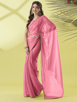 HIYAMI Solid/Plain Bollywood Jimmy choo, Pure Silk Saree(Pink)