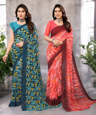 THE URBAN DIVA Printed Bollywood Georgette Saree(Pack of 2, Multicolor)