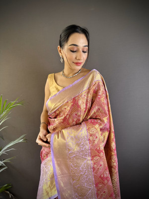 SHARDHA FASHION Woven, Embroidered, Embellished Banarasi Pure Silk Saree(Black, Yellow, Purple, Multicolor)
