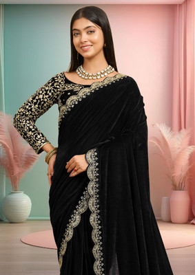 hutah Embellished, Self Design Bollywood Cotton Blend, Velvet Saree(Black)