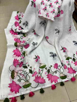 ROFOLO Digital Print, Printed Bollywood Cotton Linen Saree(White)