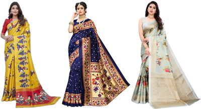 YASHIKA Printed, Woven Daily Wear Art Silk Saree(Pack of 3, Yellow, Dark Blue, Light Blue)