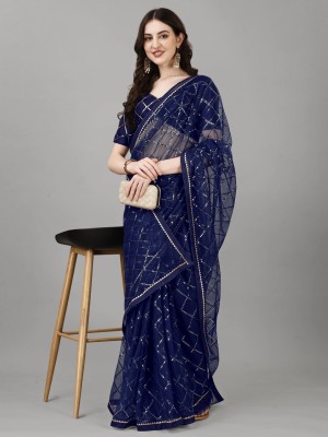EthnicClick Embroidered, Embellished Bollywood Net Saree(Dark Blue)