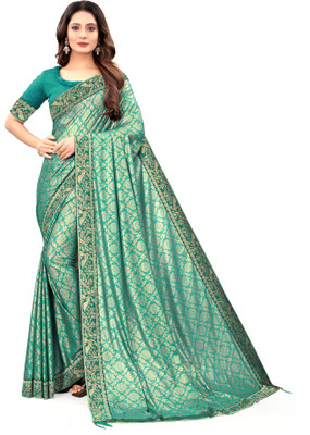 Gold Art Fashion Printed Bollywood Lycra Blend Saree(Blue)