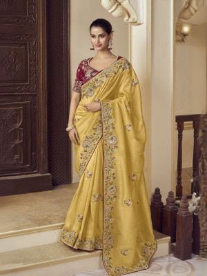 odette Embroidered Saree with Attached Blouse Georgette Saree(Pack of 2, Yellow)