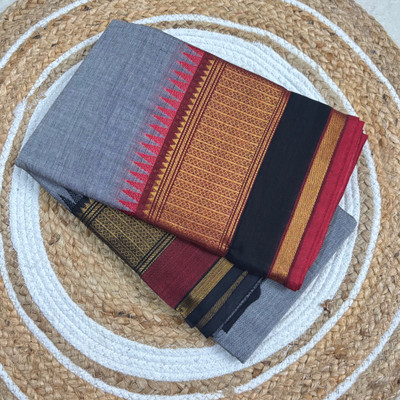 pk trendy collection Temple Border Mysore Pure Cotton Saree(Grey)
